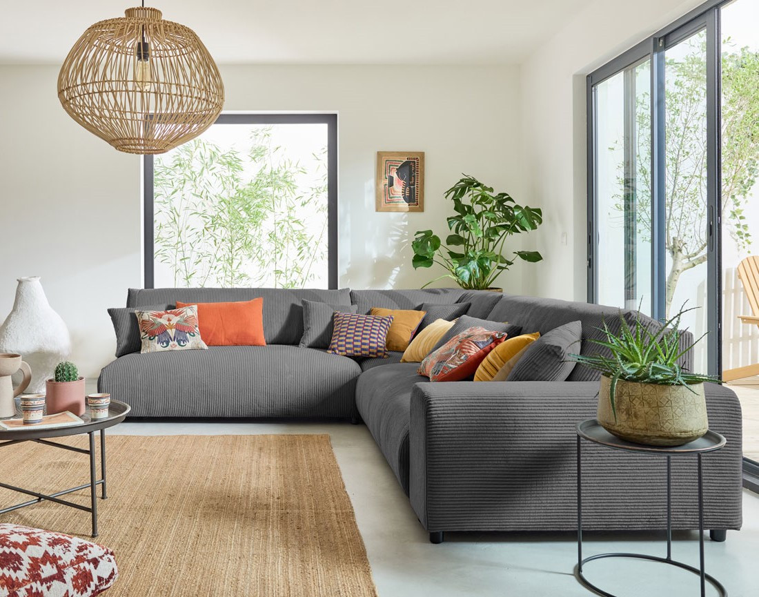 Canapé modulable d'angle gauche 6 places en velours côtelé Garance