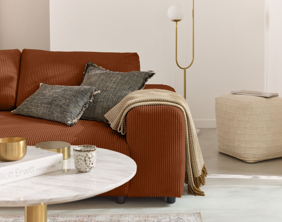 Canapé droit 3 places en velours côtelé Garance