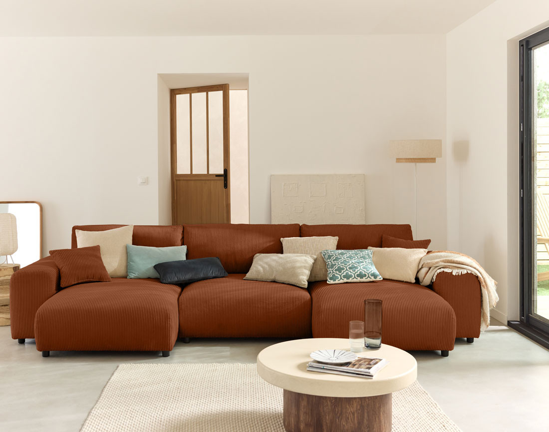 Canapé panoramique en U 7 places en velours côtelé Garance