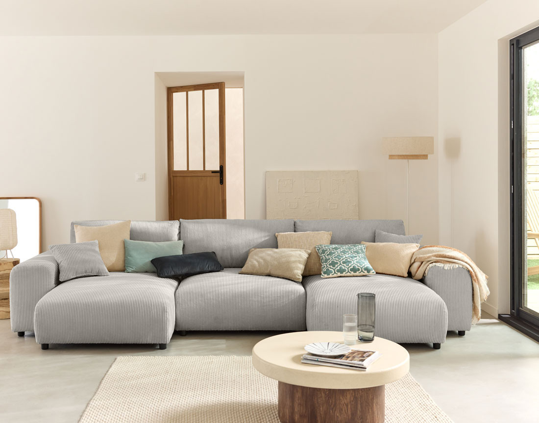 Canapé panoramique en U 7 places en velours côtelé Garance