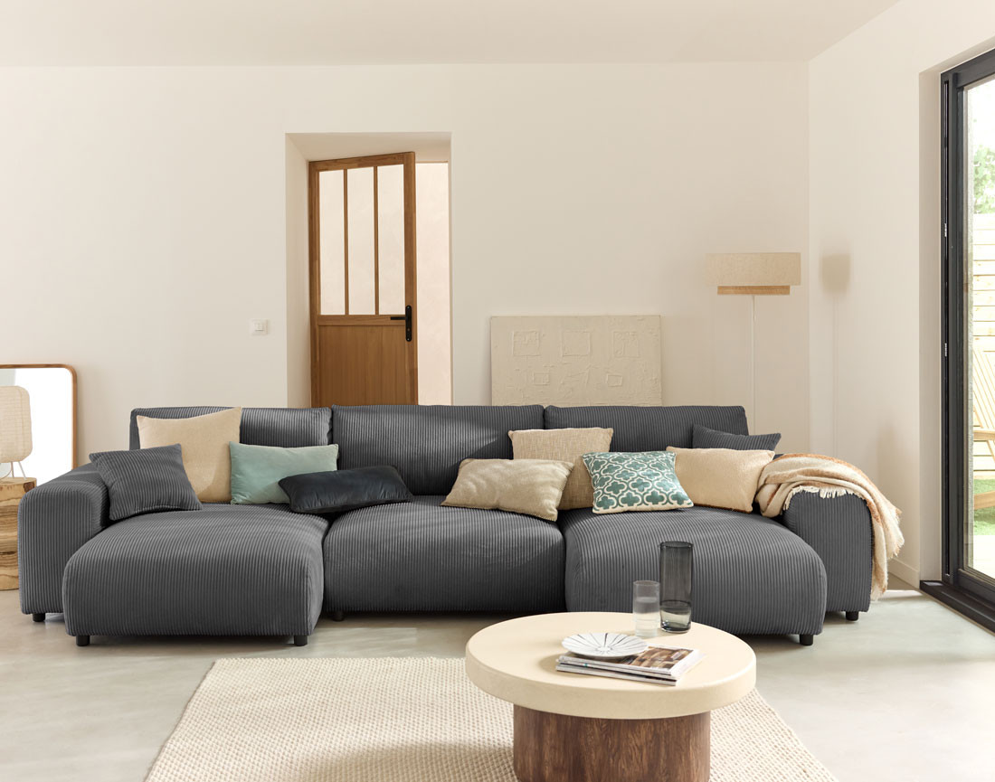 Canapé panoramique en U 7 places en velours côtelé Garance