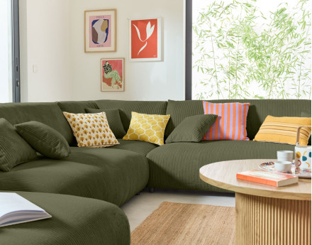 Canapé modulable d'angle droit 8 places en velours côtelé Garance