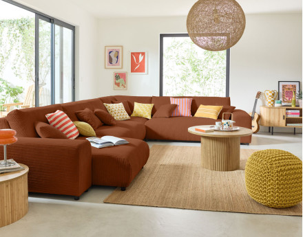 Canapé modulable d'angle droit 8 places en velours côtelé Garance