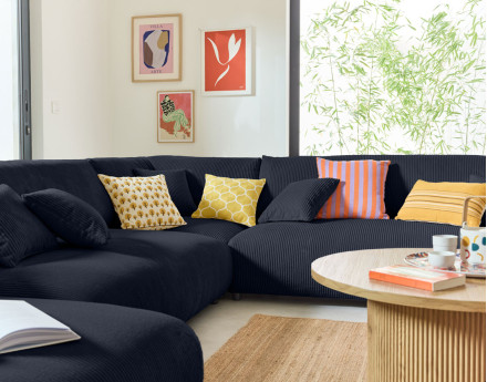 Canapé modulable d'angle droit 8 places en velours côtelé Garance