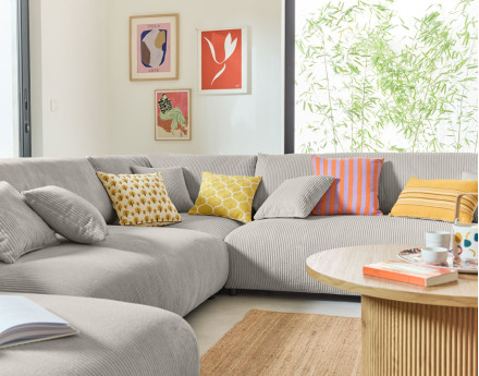 Canapé modulable d'angle droit 8 places en velours côtelé Garance