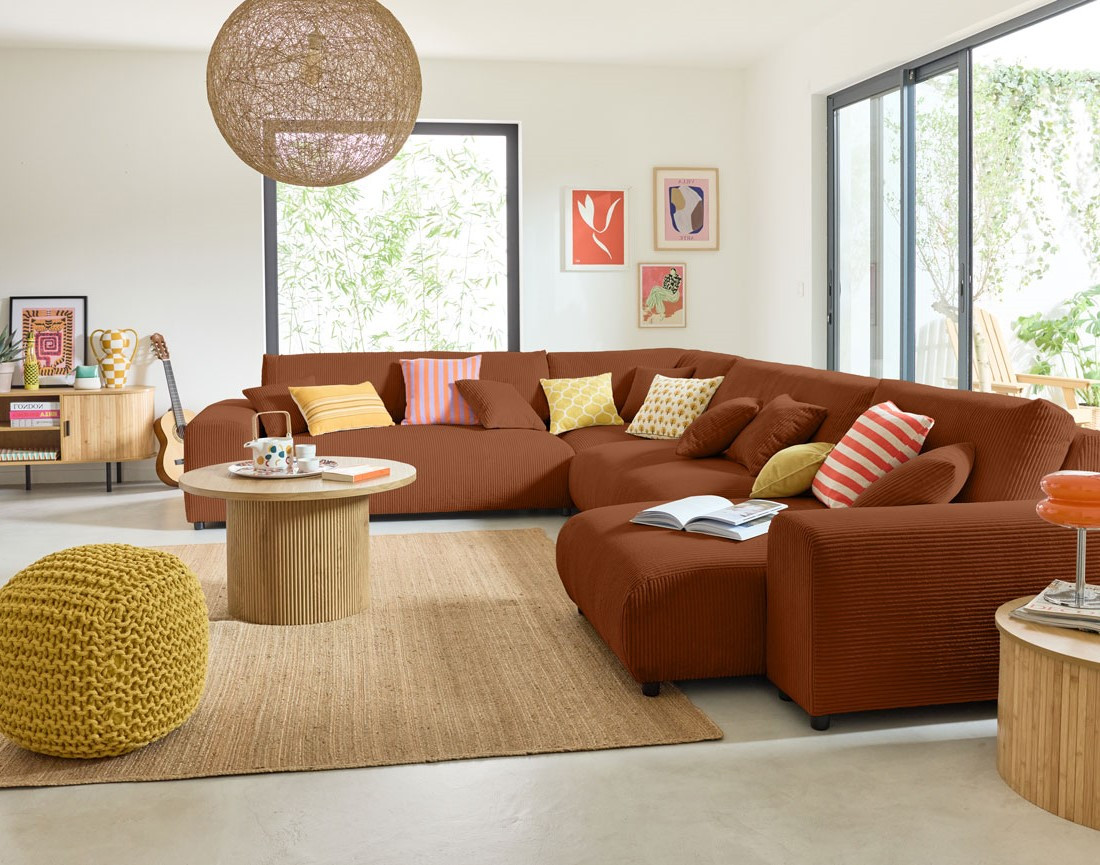 Canapé modulable d'angle gauche 8 places en velours côtelé Garance