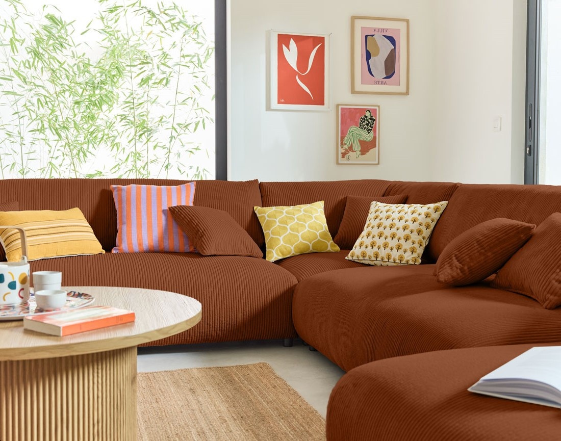 Canapé modulable d'angle gauche 8 places en velours côtelé Garance