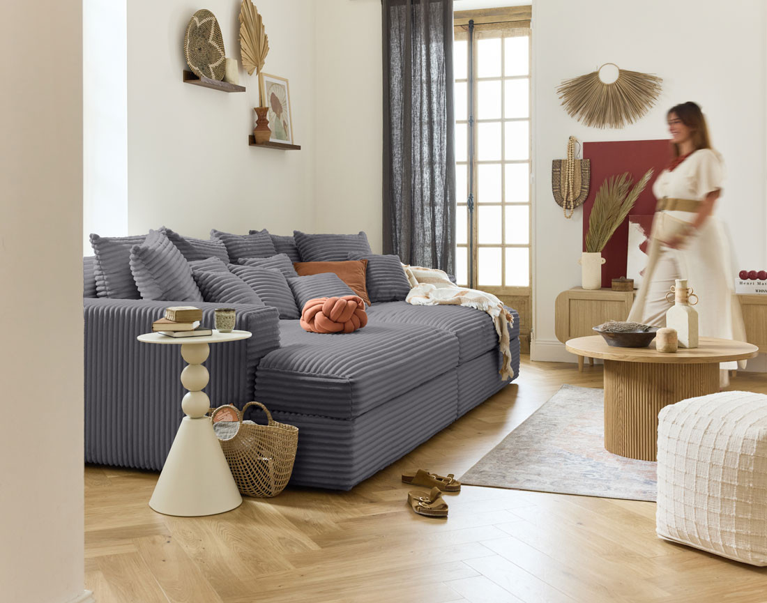 Canapé 4 places avec double méridienne en velours côtelé grosses côtes Collins