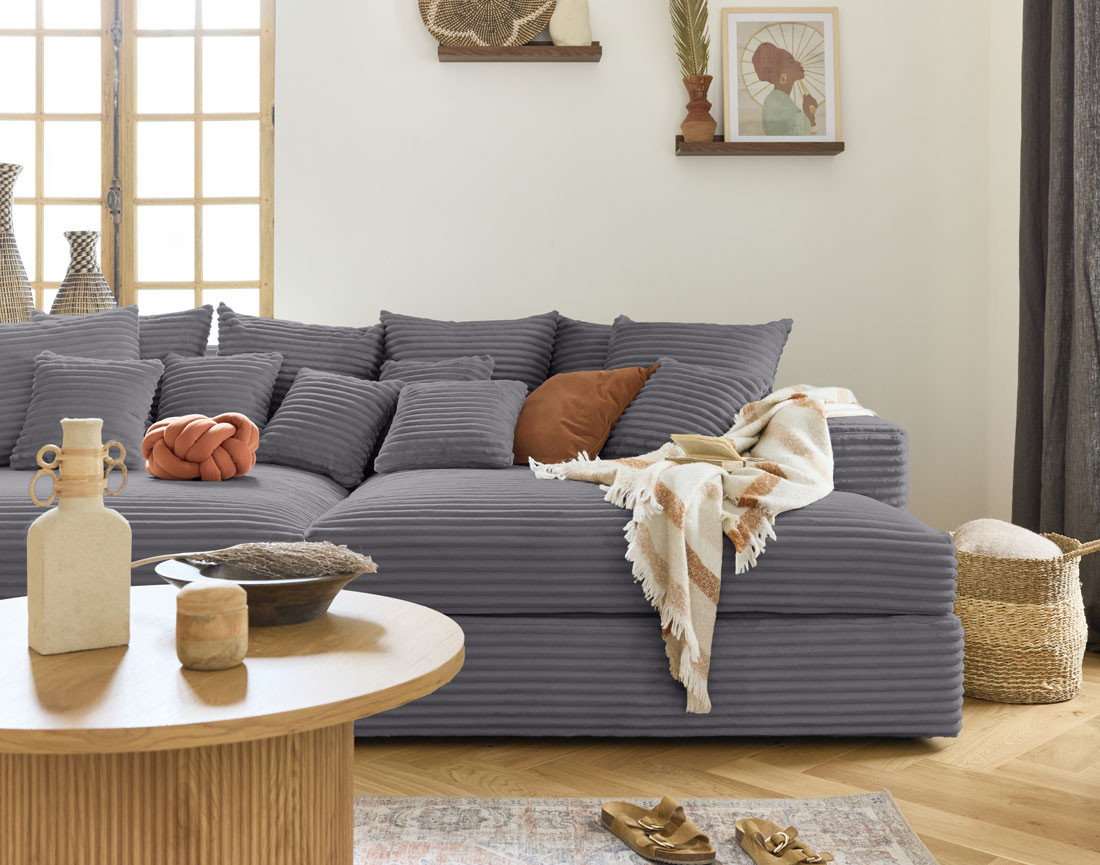 Canapé 4 places avec double méridienne en velours côtelé grosses côtes Collins