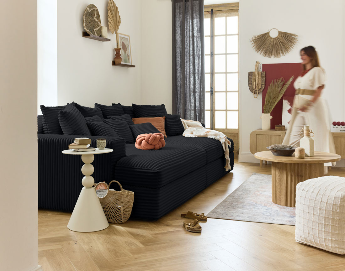 Canapé 4 places avec double méridienne en velours côtelé grosses côtes Collins