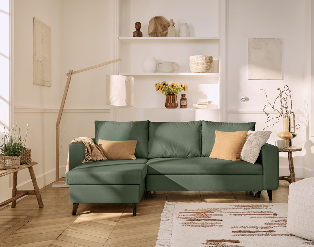 Canapé d'angle réversible 4 places convertible avec coffre en simili Nordic