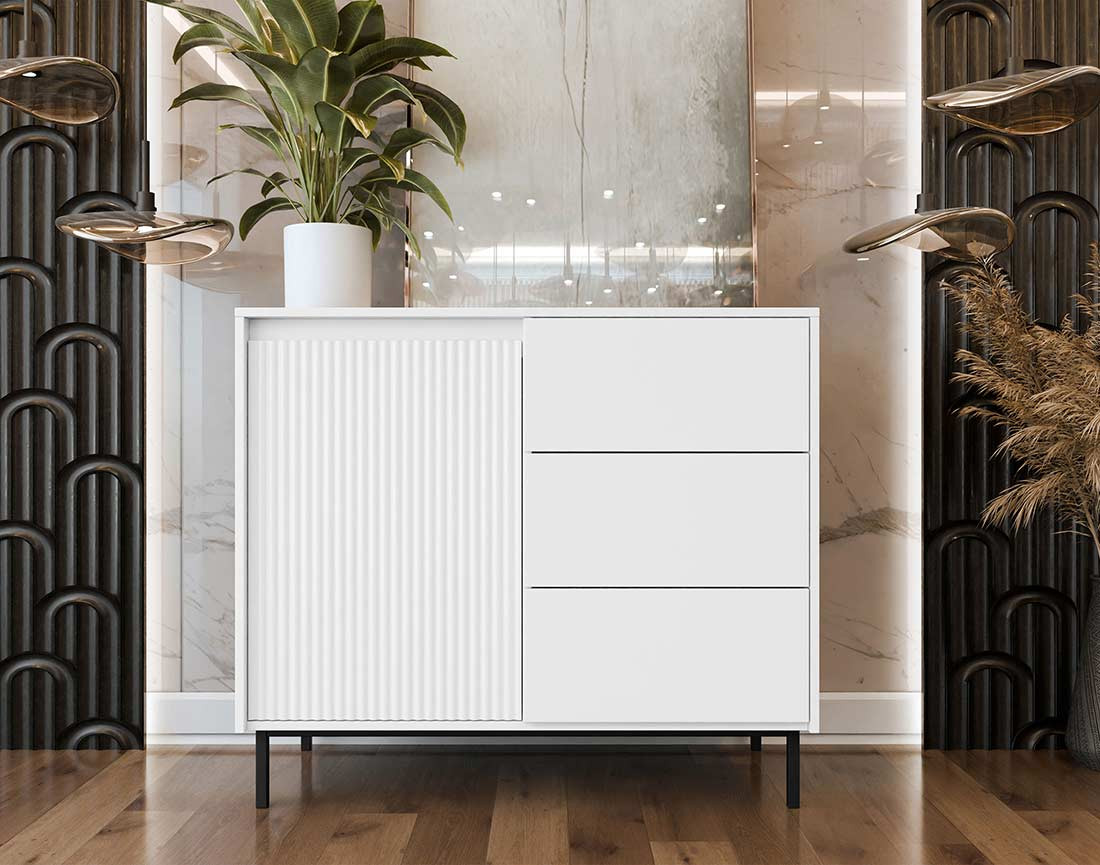 Buffet blanc blanc 3 tiroirs et 1 porte 103 cm Girona