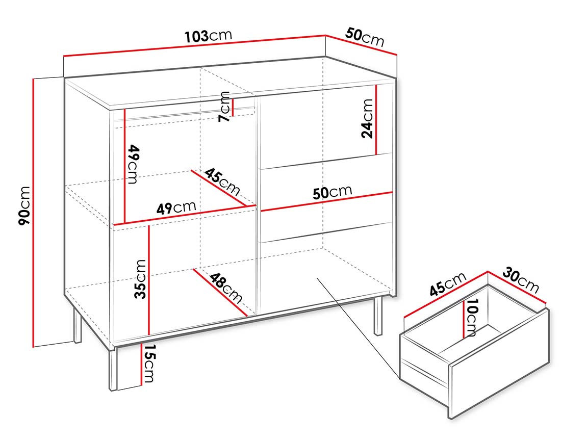 Buffet blanc blanc 3 tiroirs et 1 porte 103 cm Girona