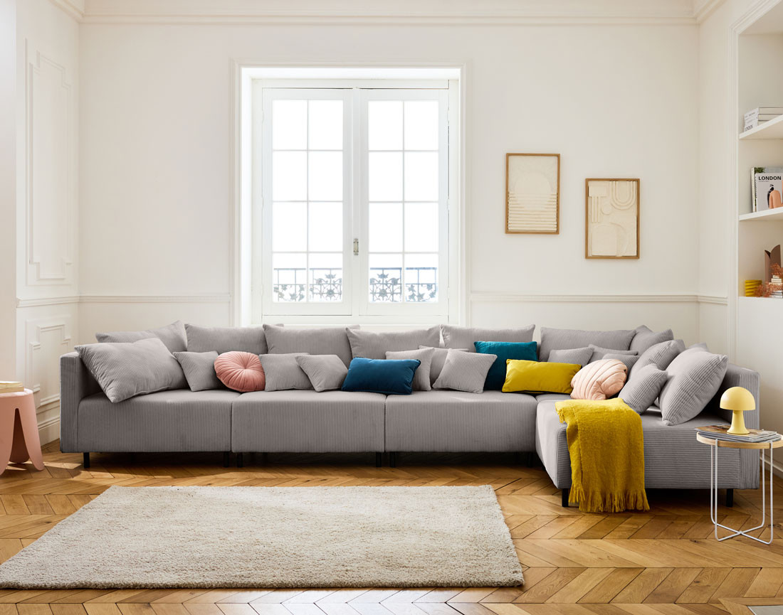 Canapé d'angle modulable 5 places en velours côtelé Edinburg