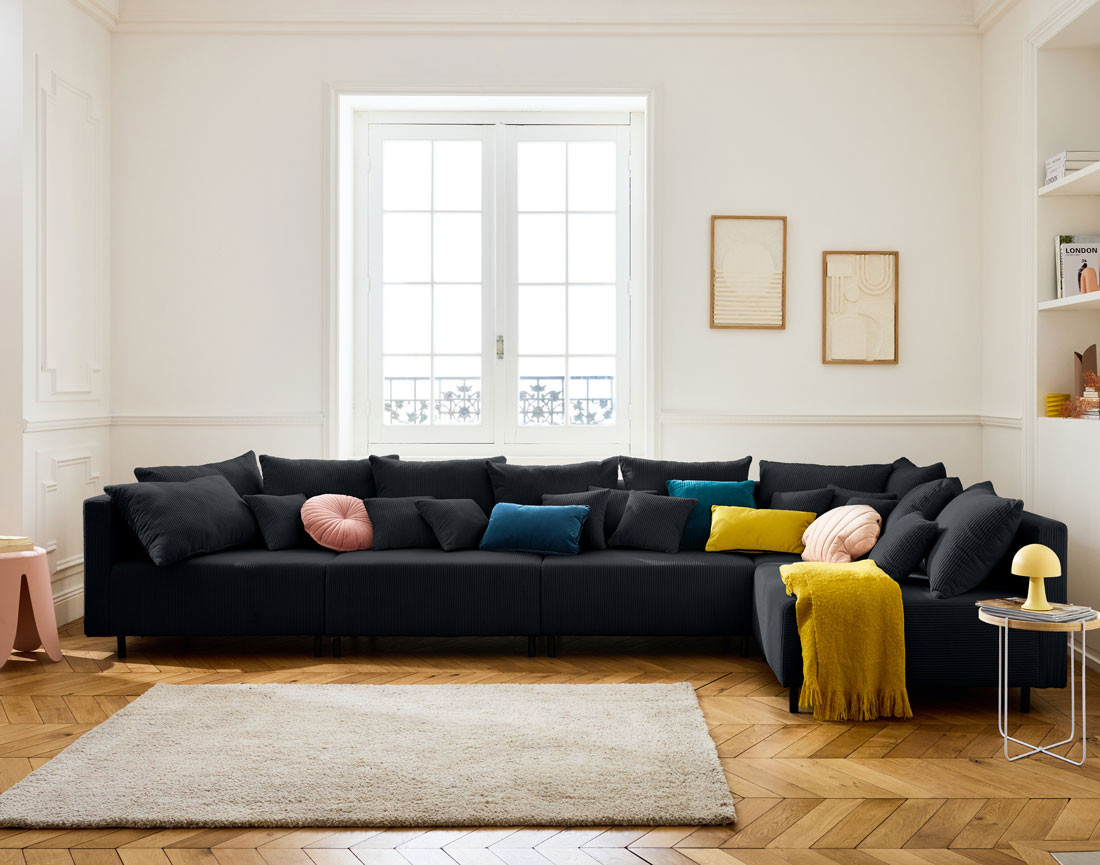 Canapé d'angle modulable 5 places en velours côtelé Edinburg