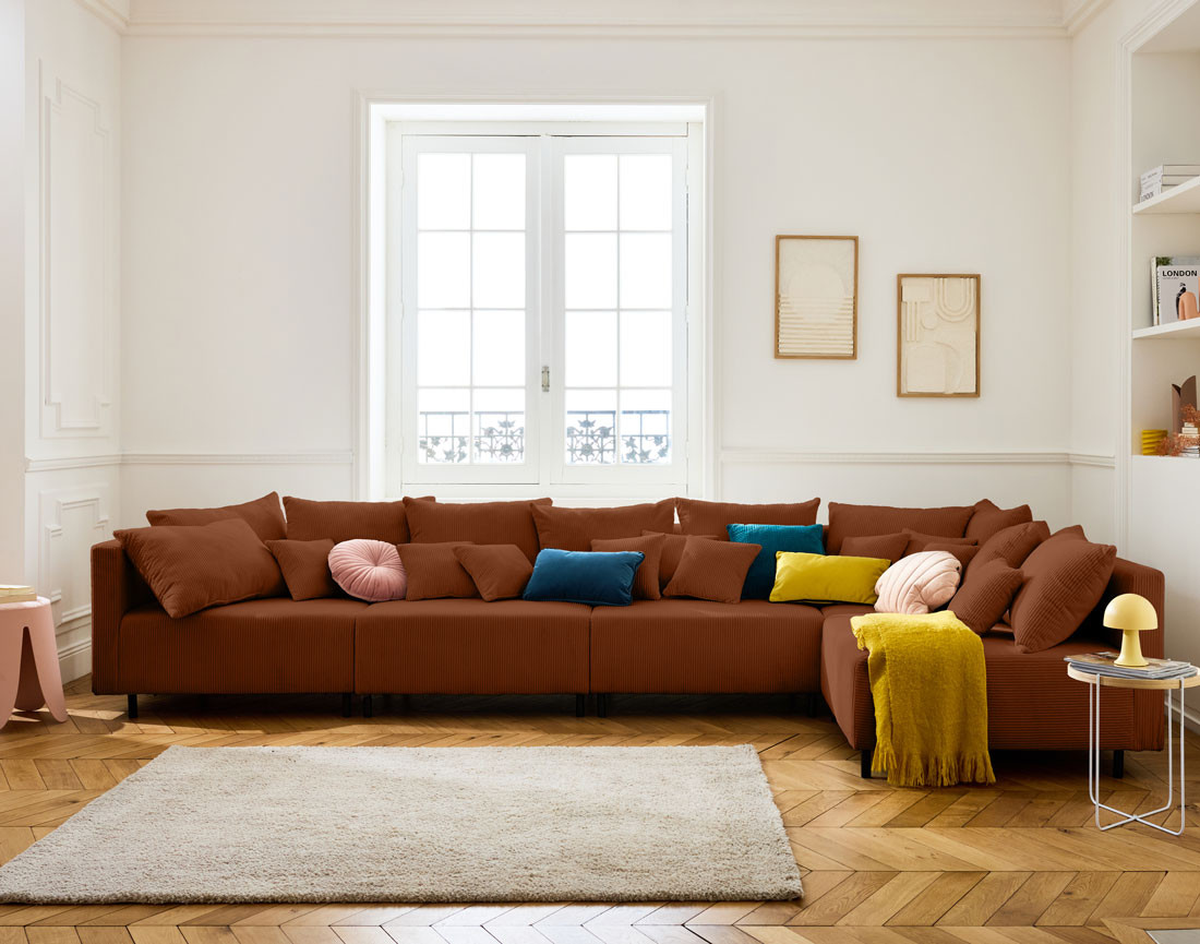 Canapé d'angle modulable 5 places en velours côtelé Edinburg