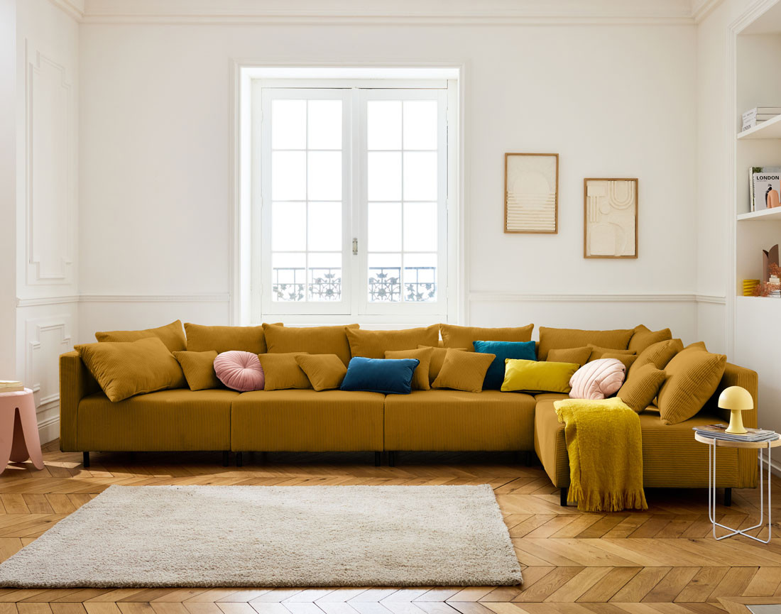 Canapé d'angle modulable 5 places en velours côtelé Edinburg