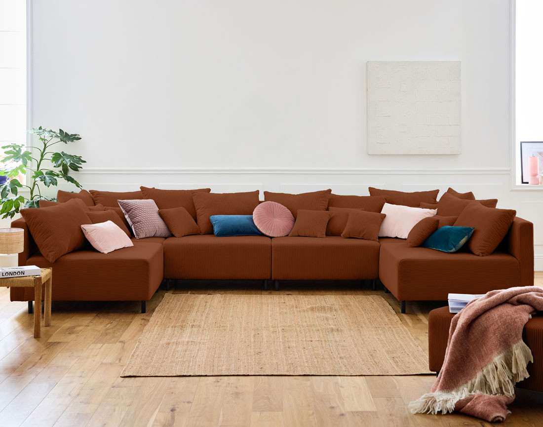 Canapé panoramique modulable 6 places en velours côtelé Edinburg