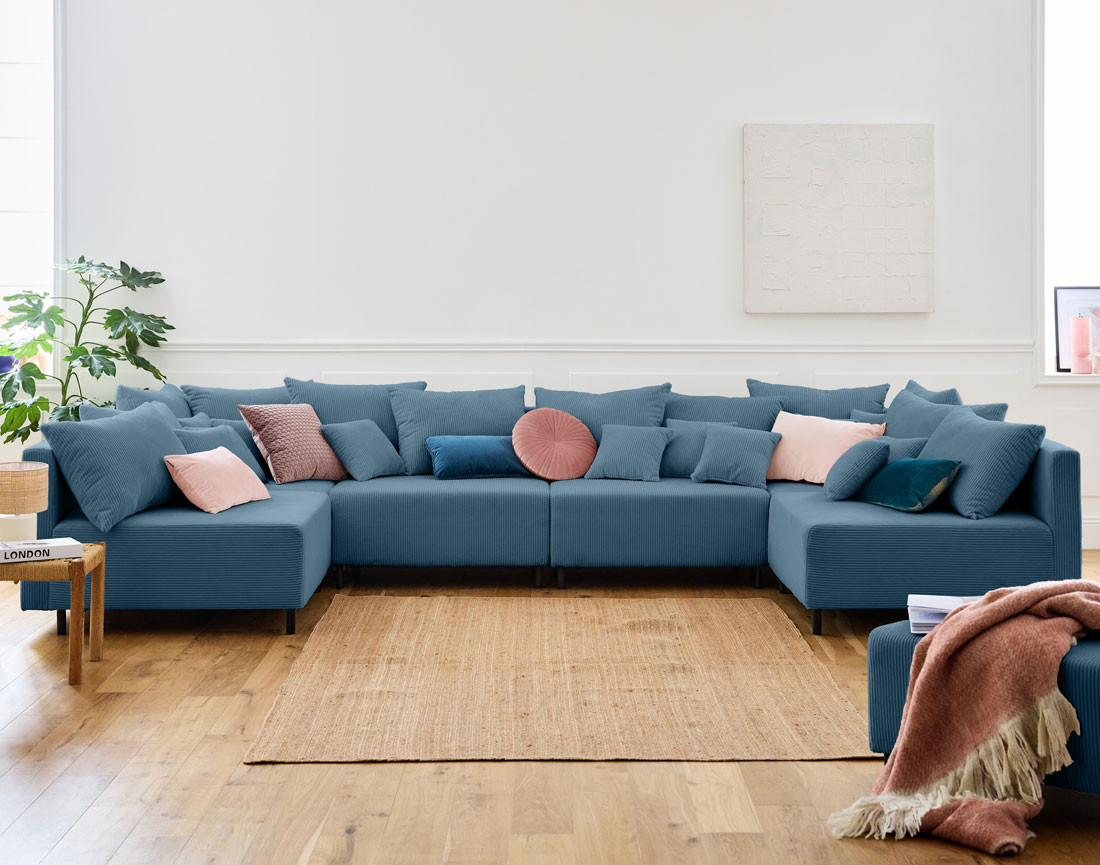 Canapé panoramique modulable 6 places en velours côtelé Edinburg