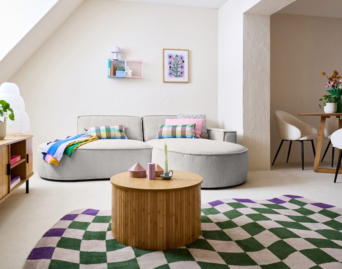 Canapé d'angle droit aux formes arrondies 4 places en velours côtelé Spiaggia