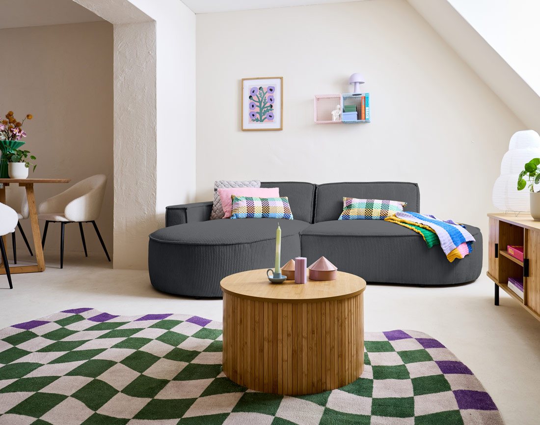 Canapé d'angle gauche aux formes arrondies 4 places en velours côtelé Spiaggia