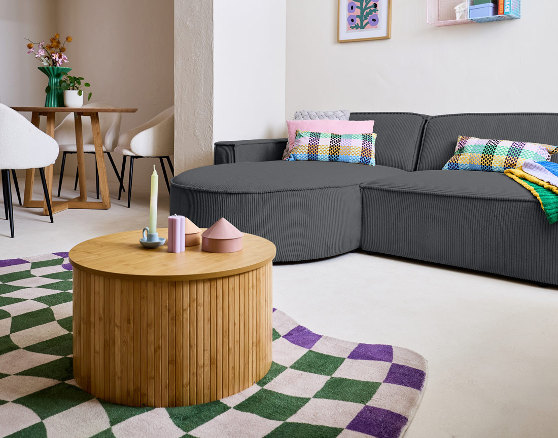 Canapé d'angle gauche aux formes arrondies 4 places en velours côtelé Spiaggia