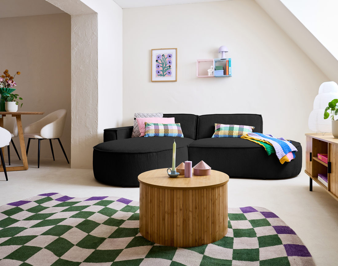 Canapé d'angle gauche aux formes arrondies 4 places en velours côtelé Spiaggia