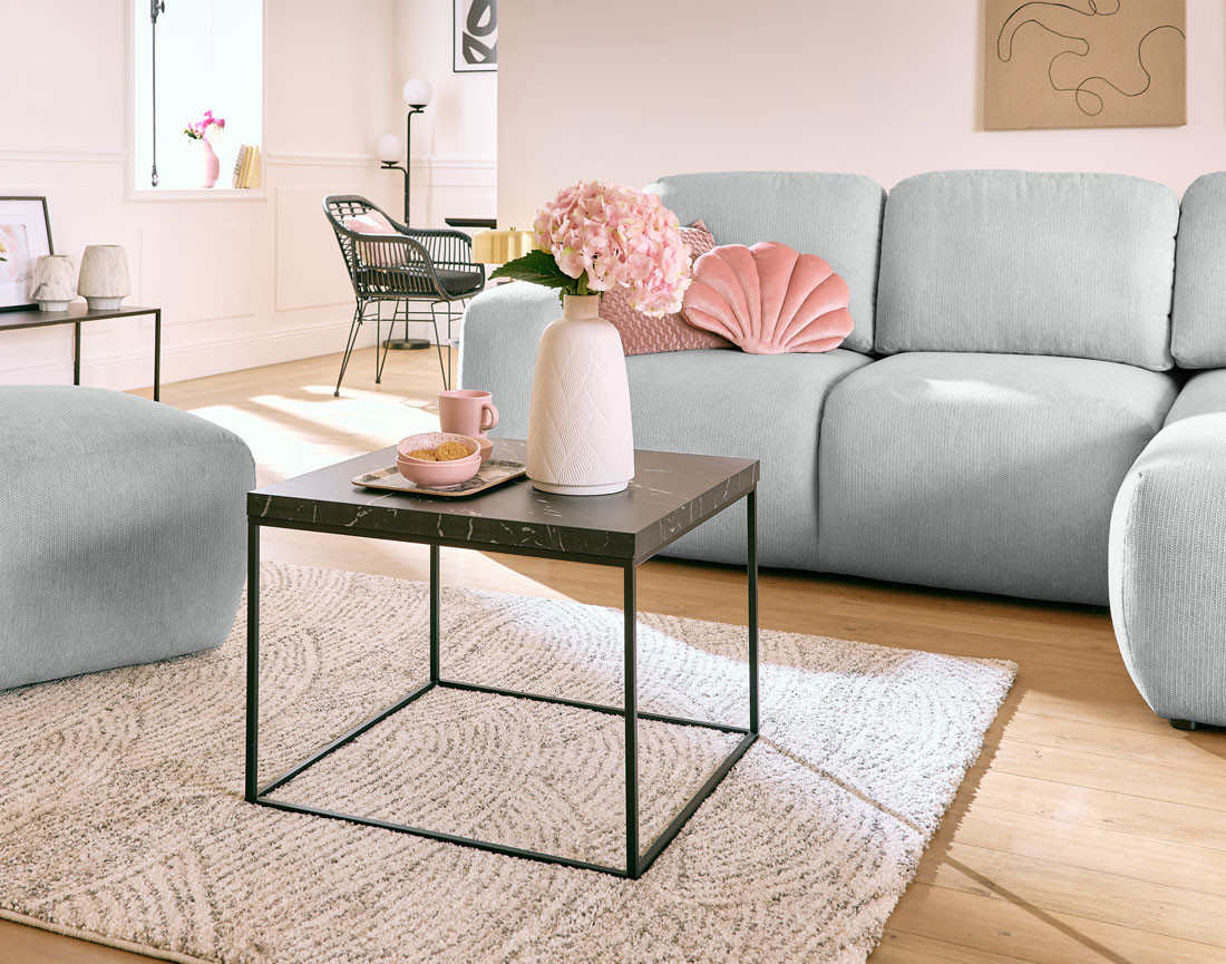 Canapé d'angle convertible, coffre 4 places en tissu texturé Sorrente