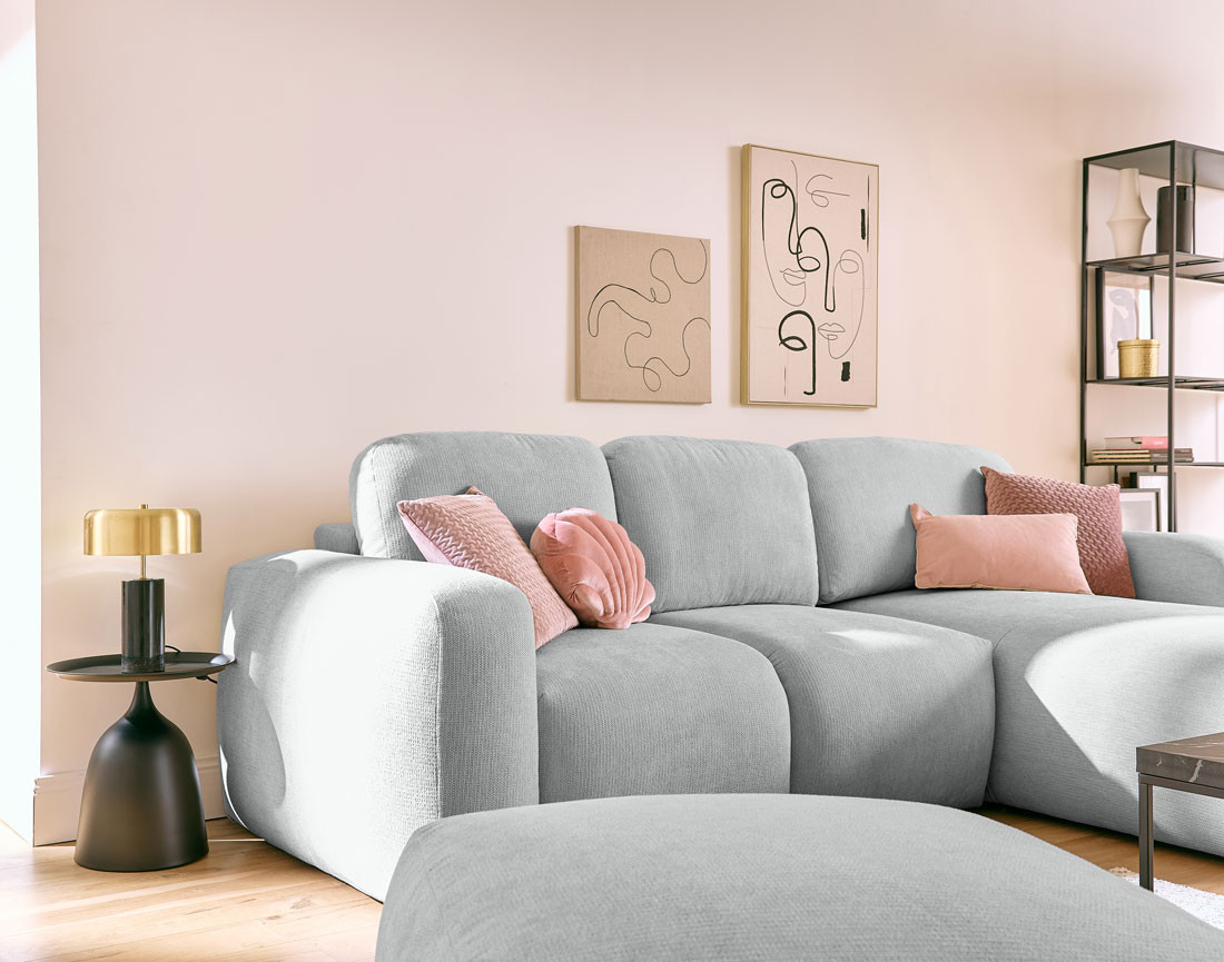 Canapé d'angle convertible, coffre 4 places en tissu texturé Sorrente