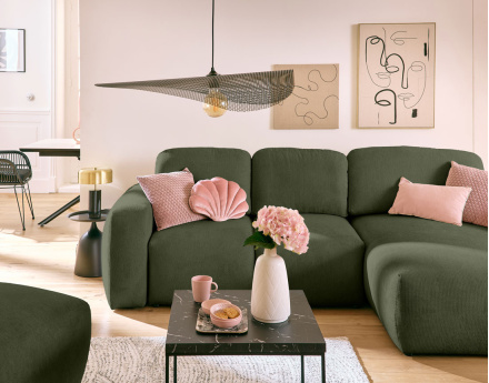 Canapé d'angle convertible, coffre 4 places en tissu texturé Sorrente