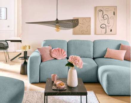 Canapé d'angle convertible, coffre 4 places en tissu texturé Sorrente