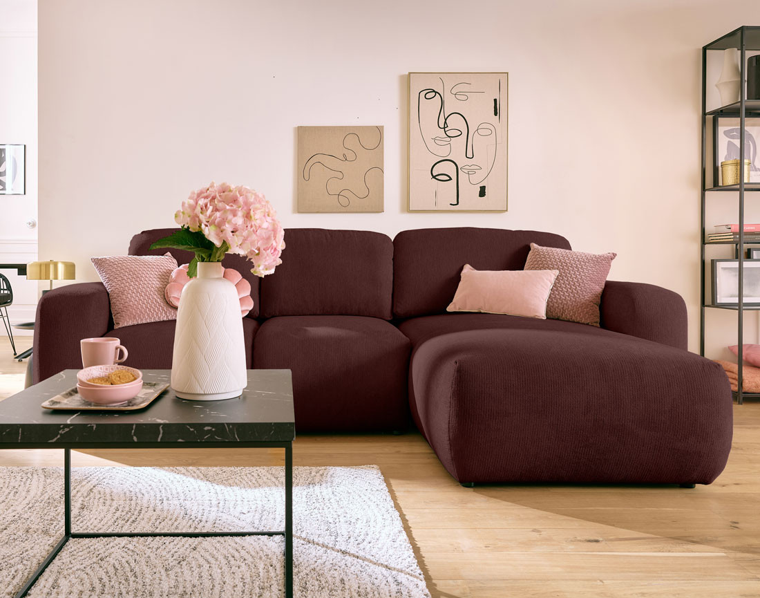 Canapé d'angle convertible, coffre 4 places en tissu texturé Sorrente