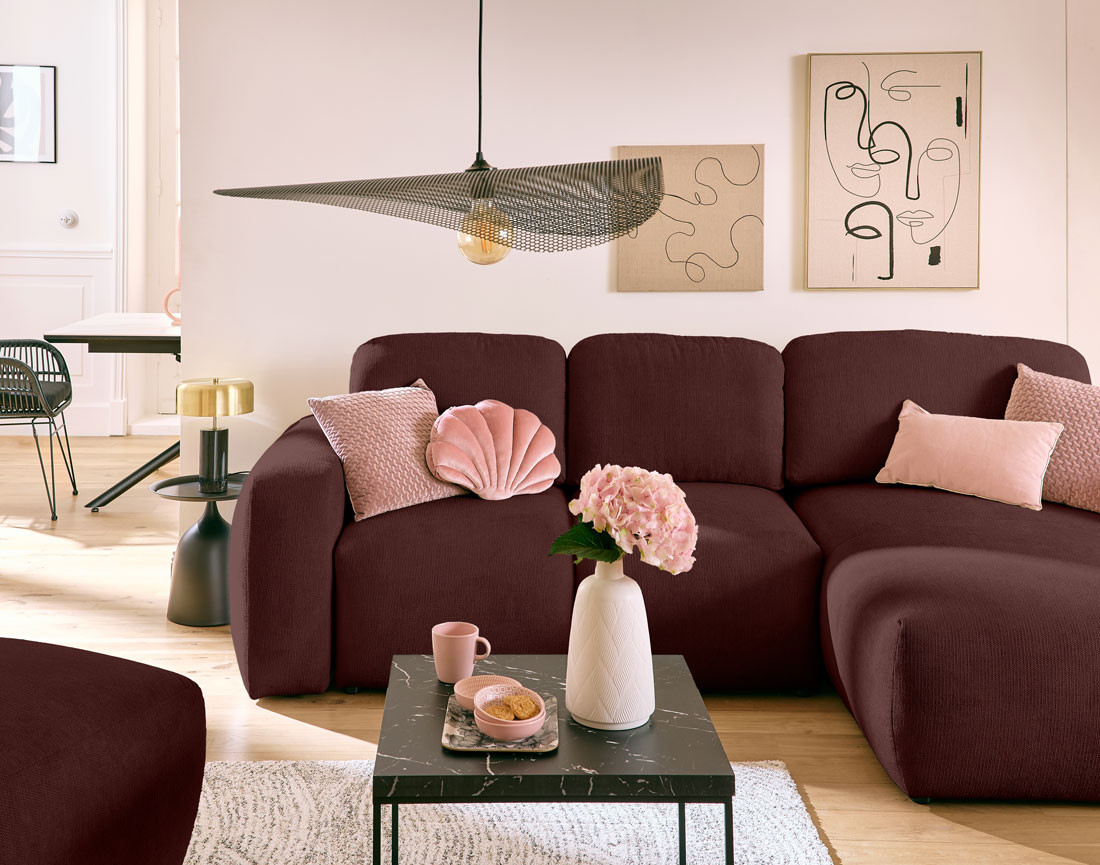 Canapé d'angle convertible, coffre 4 places en tissu texturé Sorrente