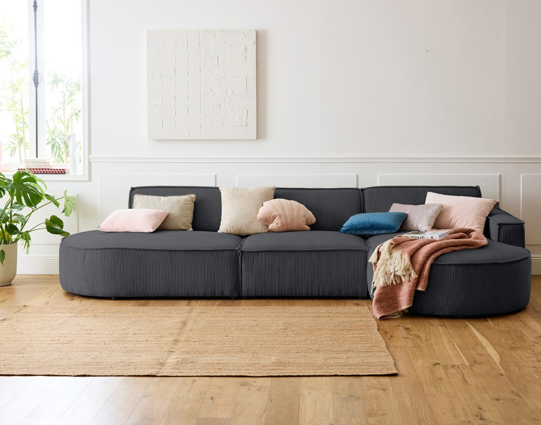 Canapé d'angle droit aux formes arrondies 5 places en velours côtelé Spiaggia