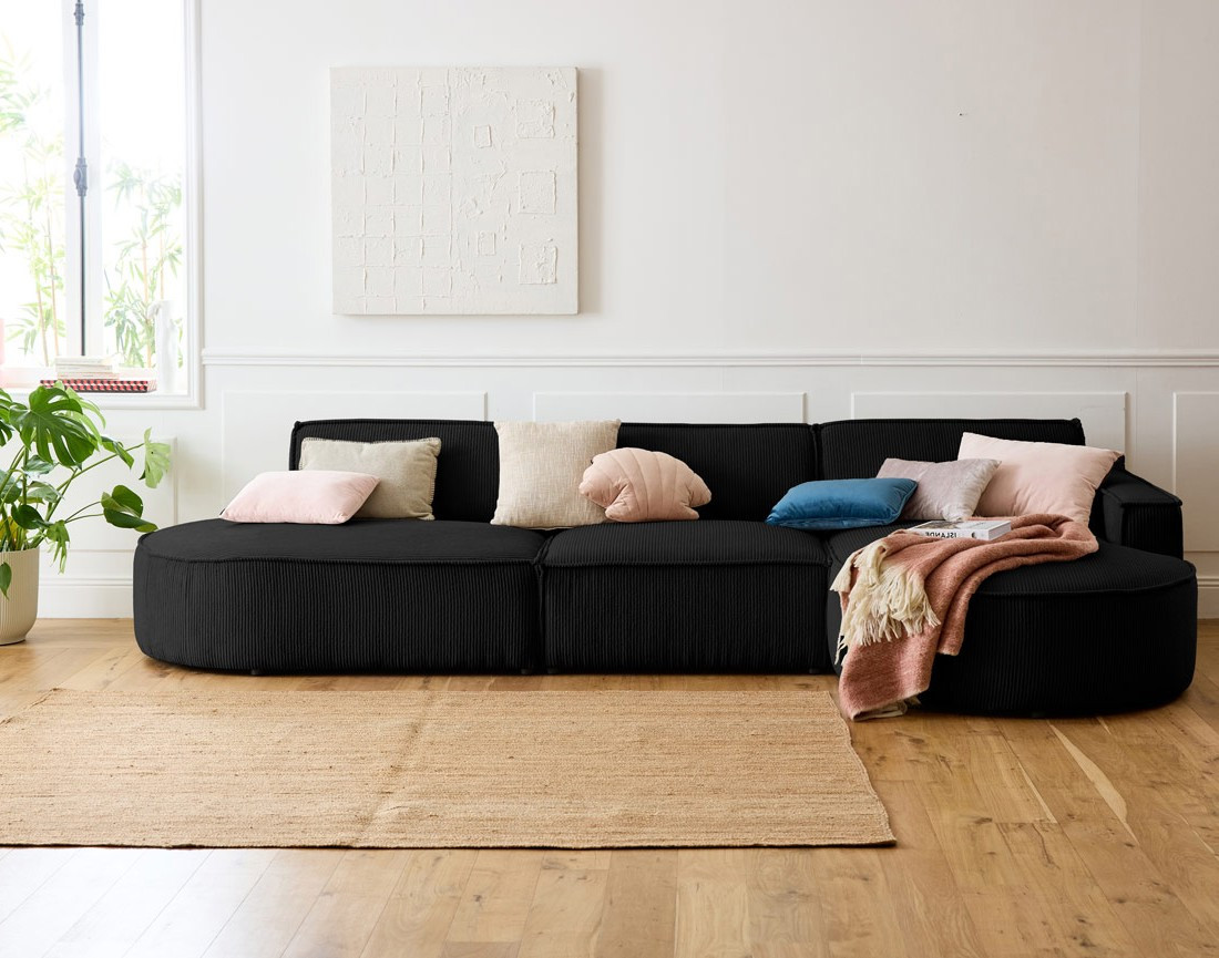 Canapé d'angle droit aux formes arrondies 5 places en velours côtelé Spiaggia