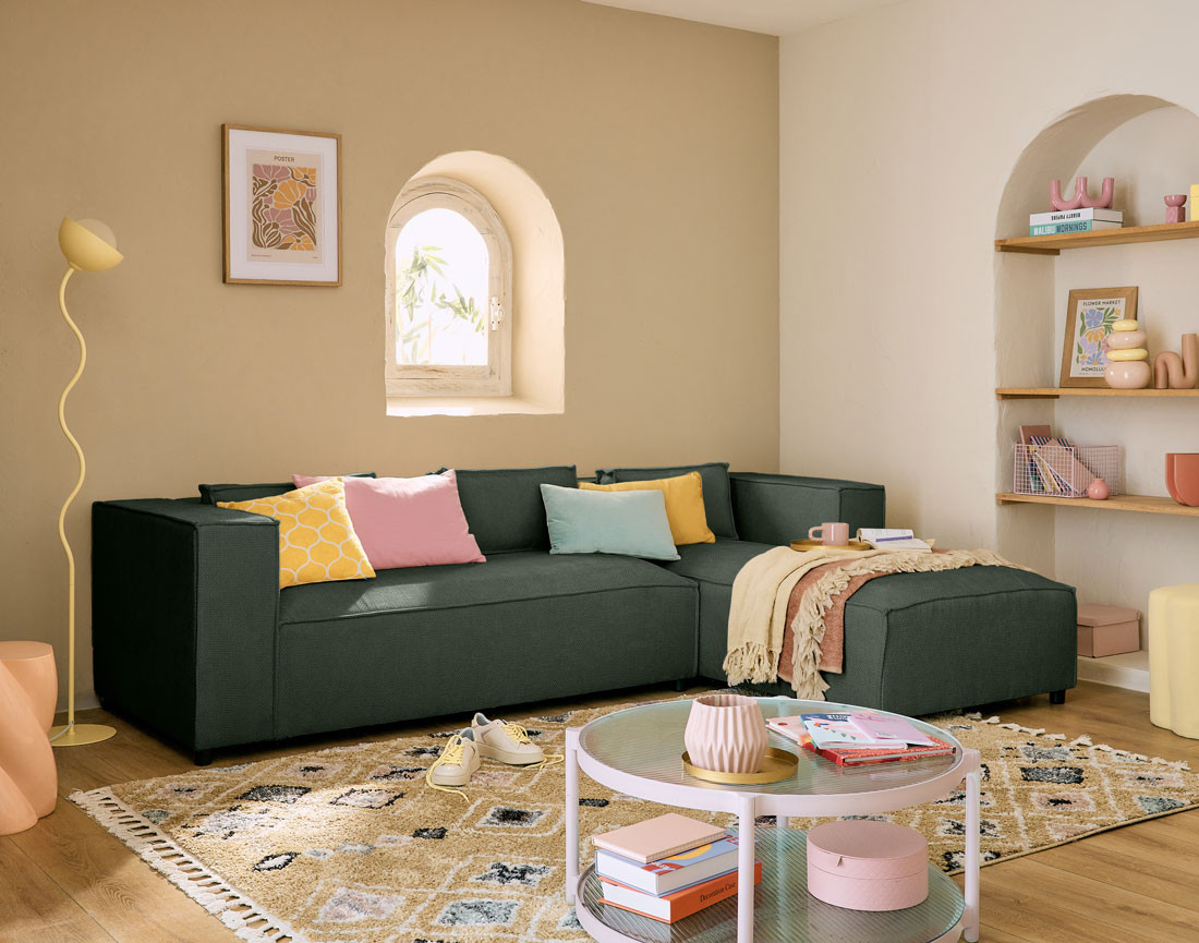 Canapé d'angle droit 4 places en tissu texturé Stella