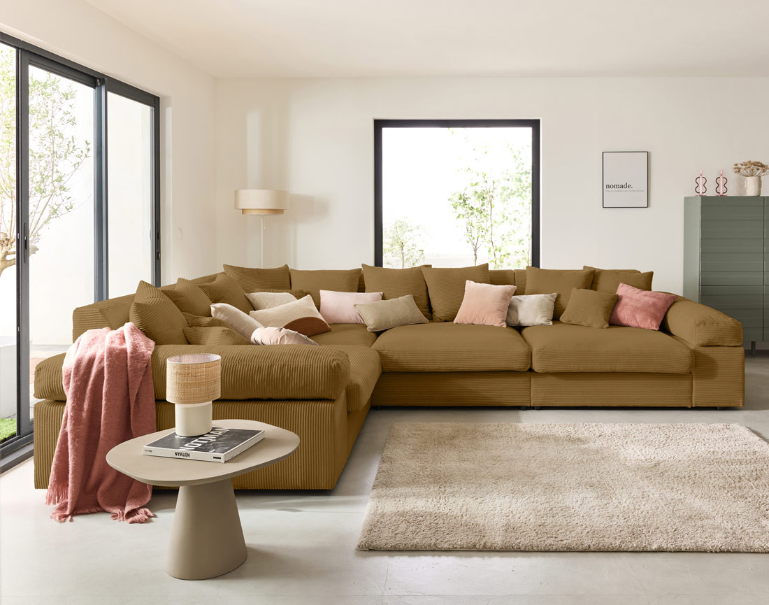 Canapé d'angle réversible 5 places avec assise profonde en velours côtelé Aspen