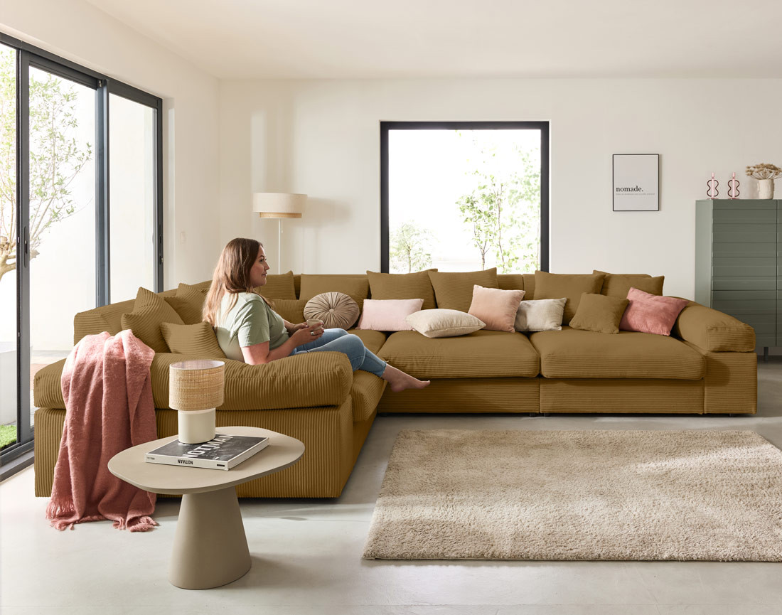 Canapé d'angle réversible 5 places avec assise profonde en velours côtelé Aspen