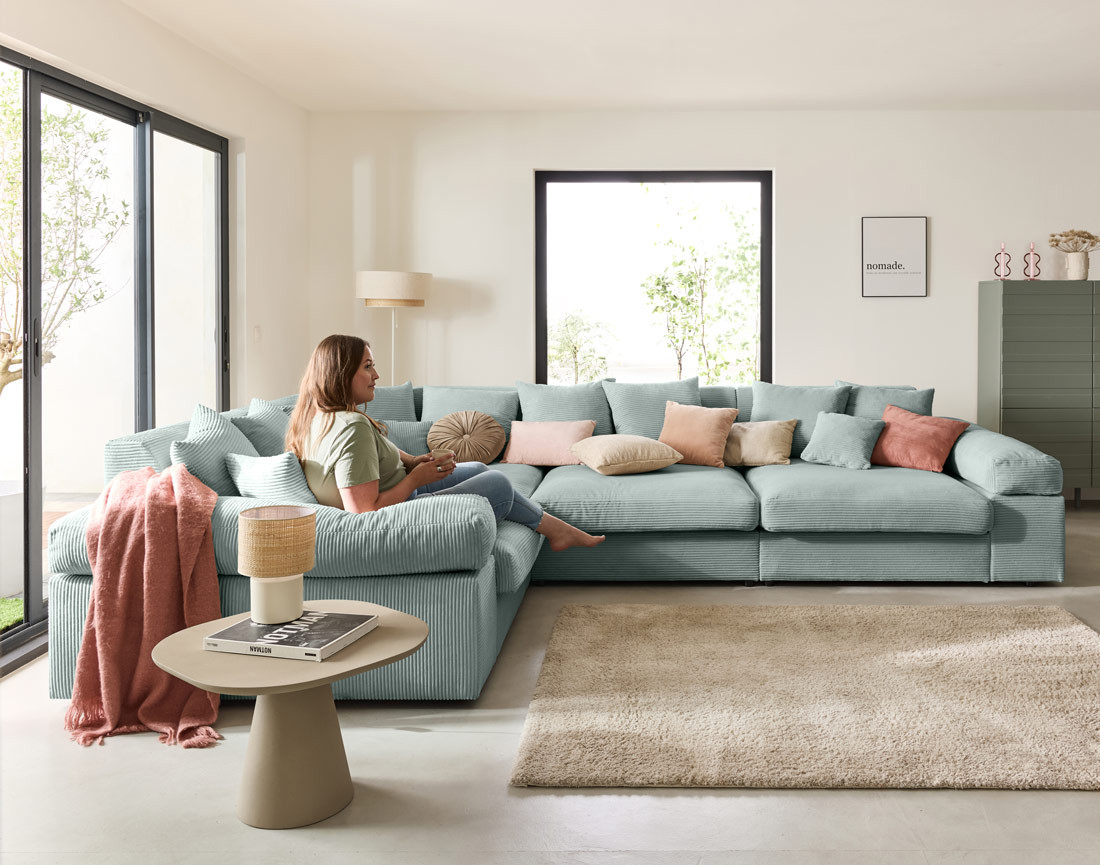 Canapé d'angle réversible 5 places avec assise profonde en velours côtelé Aspen