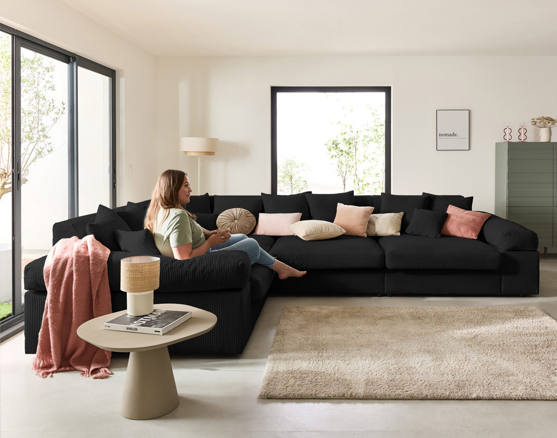 Canapé d'angle réversible 5 places avec assise profonde en velours côtelé Aspen