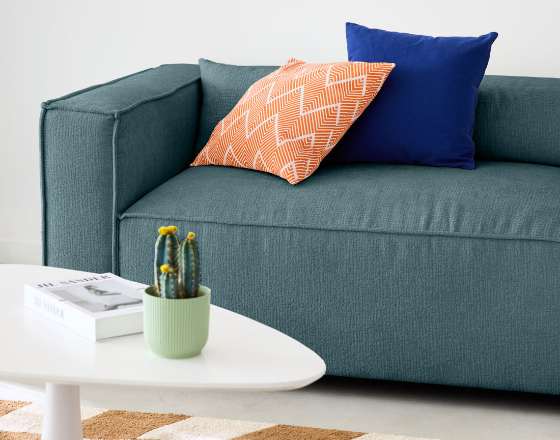 Canapé d'angle droit 4 places en tissu velours relief Ela
