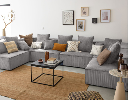 Canapé modulable panoramique 7 places en velours côtelé Colombine