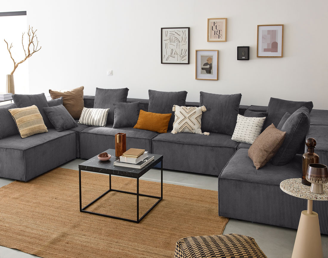 Canapé modulable panoramique 7 places en velours côtelé Colombine