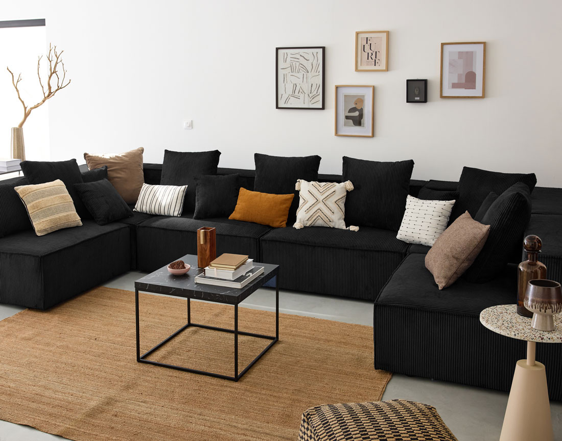 Canapé modulable panoramique 7 places en velours côtelé Colombine