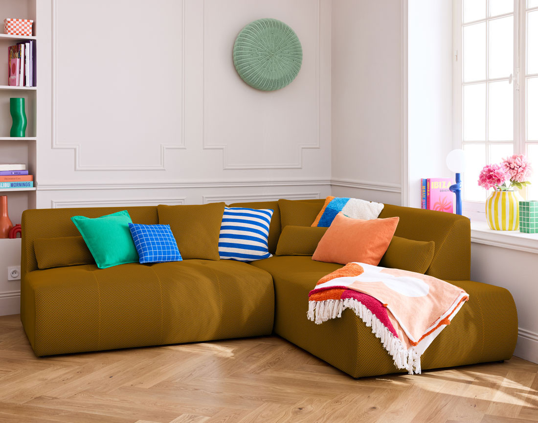 Canapé modulable d'angle droit 5 places en tissu mailles 3D Onyx