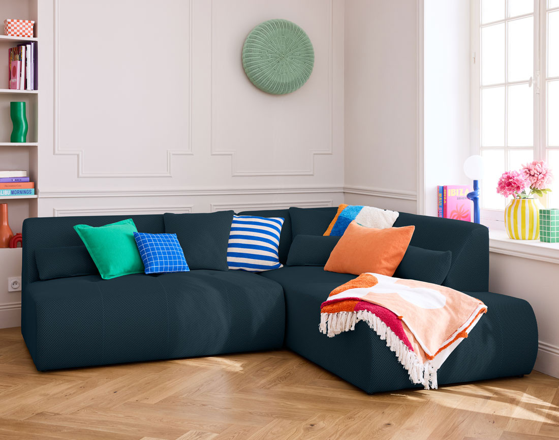 Canapé modulable d'angle droit 5 places en tissu mailles 3D Onyx