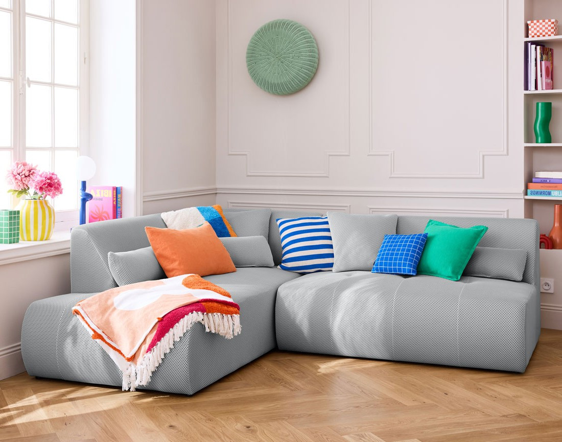 Canapé modulable d'angle gauche 5 places en tissu mailles 3D Onyx