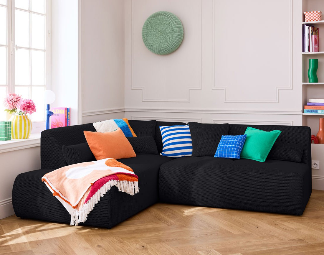 Canapé modulable d'angle gauche 5 places en tissu mailles 3D Onyx