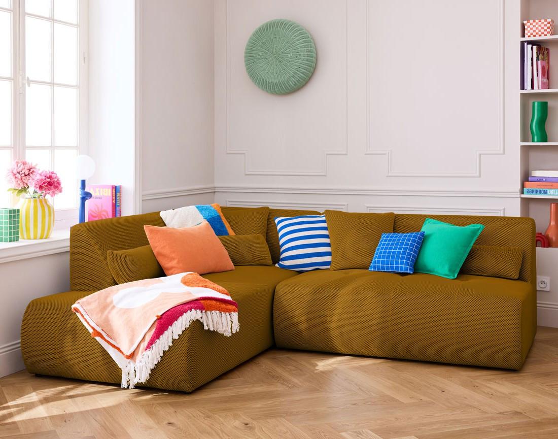 Canapé modulable d'angle gauche 5 places en tissu mailles 3D Onyx