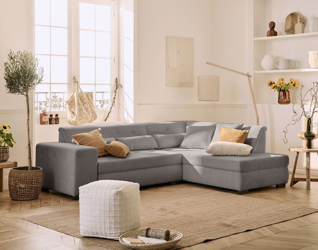 Canapé d'angle droit 5 places convertible en velours côtelé Vermont